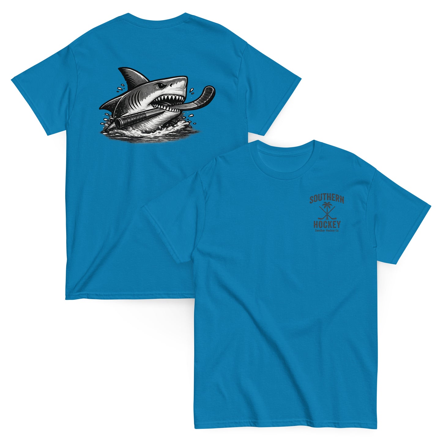 Sapphire Blue Southern Hockey Sandbar Hockey Co. T-shirt with black shark hockey graphic on the back and small Southern Hockey chest logo on the front