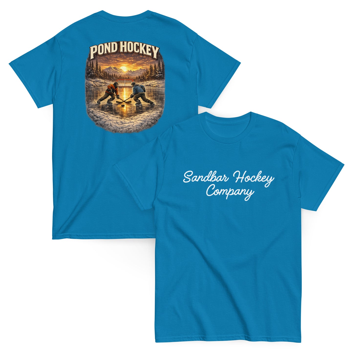 Sapphire Blue short-sleeve T-shirt mockup showing front and back views. The back features a vintage-style pond hockey graphic with two players on a frozen pond at sunset, pine trees, mountains, and the words “POND HOCKEY” above. The front has “Sandbar Hockey Company” in white script across the chest.