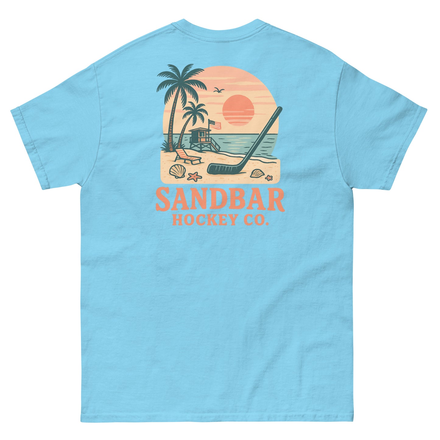 Light blue hockey t-shirt back side with beach sunset lifeguard stand graphic and Sandbar Hockey Co. logo