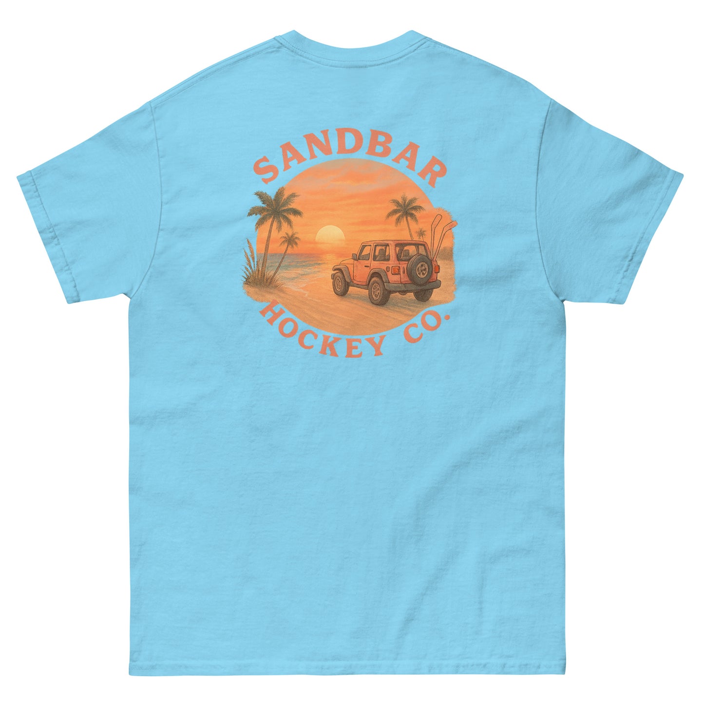 Light blue hockey t-shirt back side with beach sunset jeep graphic and Sandbar Hockey Co. logo