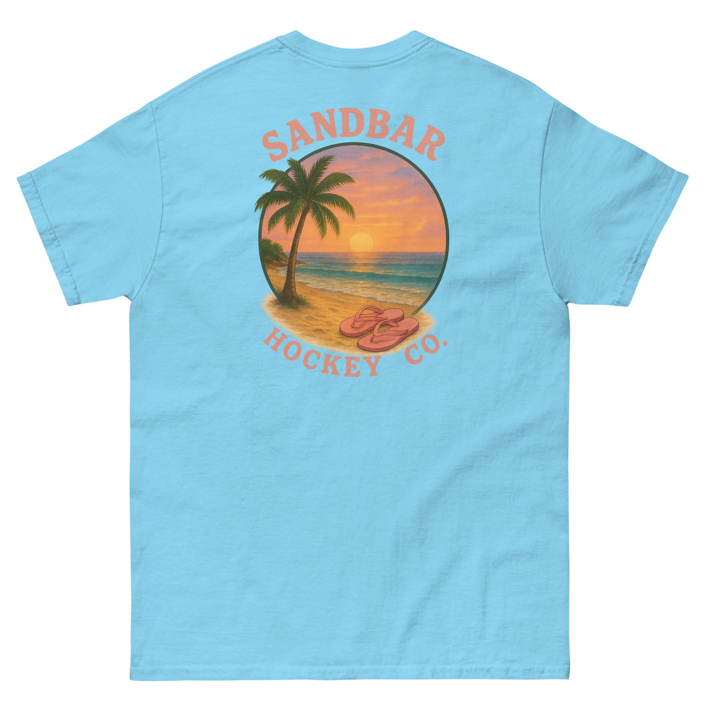 Light blue hockey t-shirt back side with beach sunset palm tree and flip flops graphic and Sandbar Hockey Co. logo