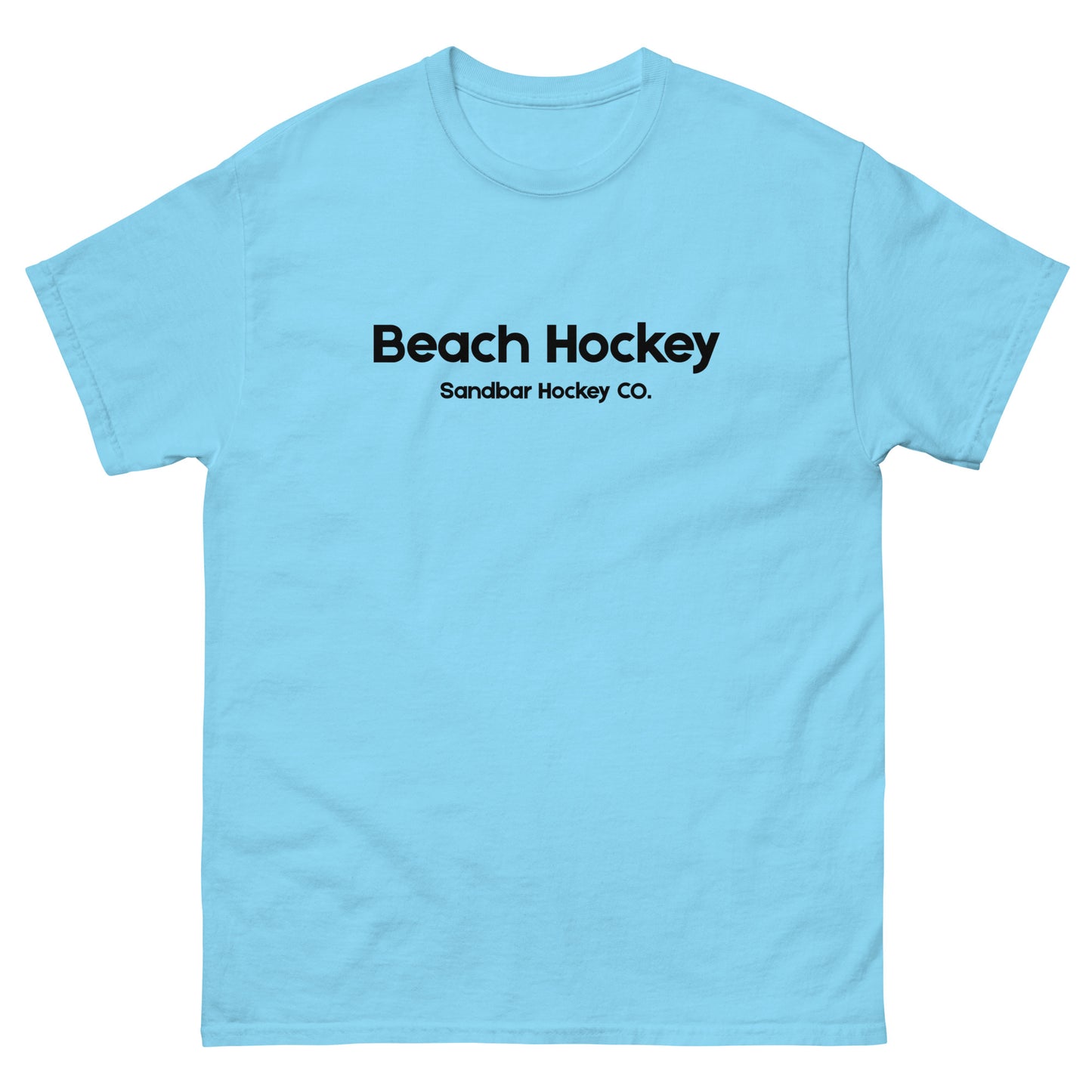 Light blue beach hockey t-shirt front view with Beach Hockey Sandbar Hockey Co. text on the chest.