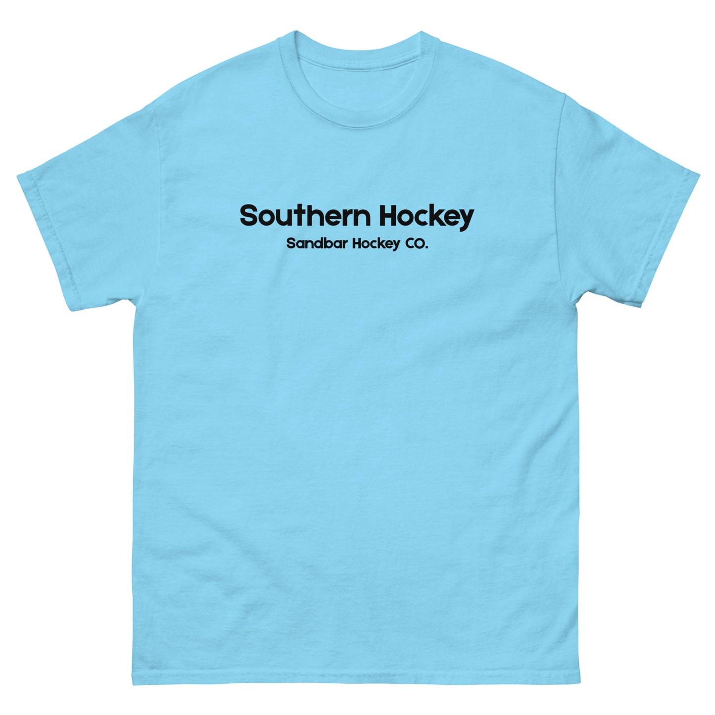 Sky blue southern hockey t-shirt front view with Southern Hockey Sandbar Hockey Co. text on the chest.