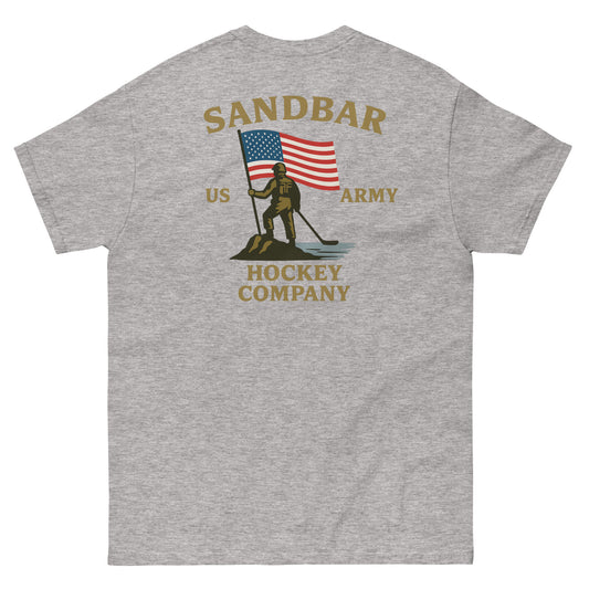 Heather gray patriotic hockey t-shirt back view with Sandbar US Army hockey graphic featuring a soldier, American flag, and hockey stick.