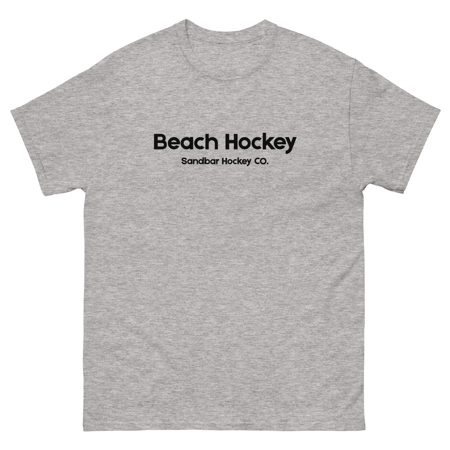 Heather gray beach hockey t-shirt front view with Beach Hockey Sandbar Hockey Co. text on the chest.