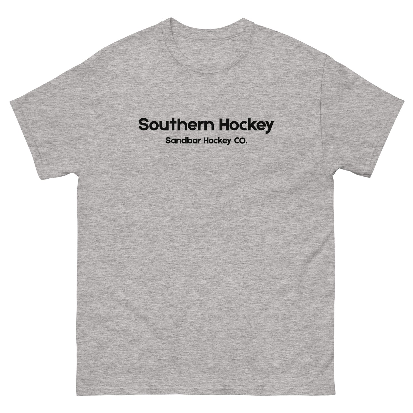 Heather gray southern hockey t-shirt front view with Southern Hockey Sandbar Hockey Co. text on the chest.