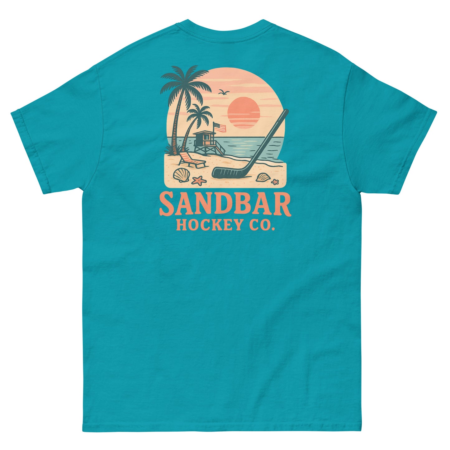 Teal hockey t-shirt back side with beach sunset lifeguard stand graphic and Sandbar Hockey Co. logo
