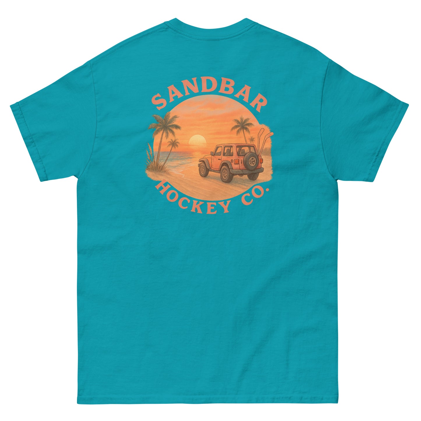 Teal hockey t-shirt back side with beach sunset jeep graphic and Sandbar Hockey Co. logo