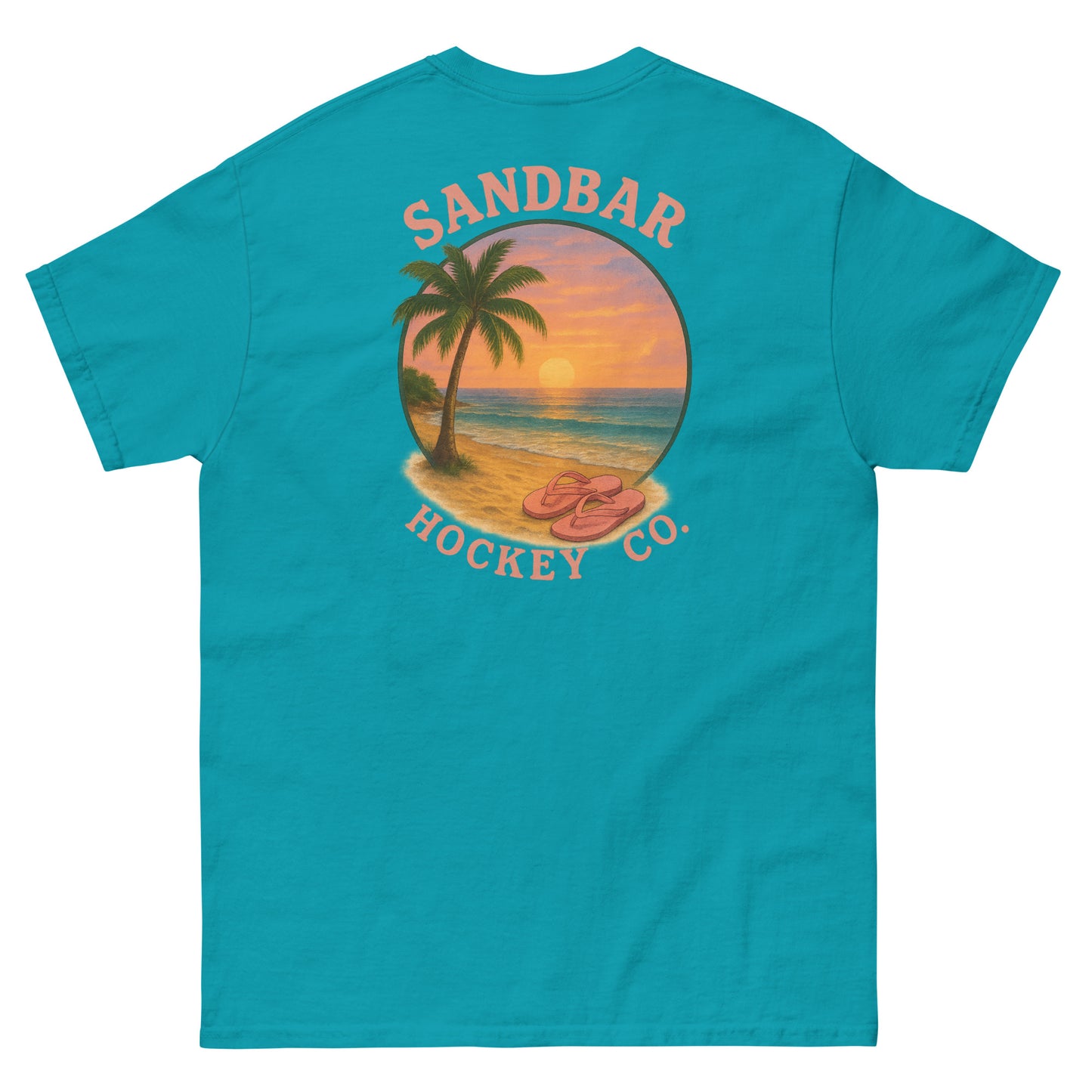 Teal hockey t-shirt back side with beach sunset palm tree and flip flops graphic and Sandbar Hockey Co. logo