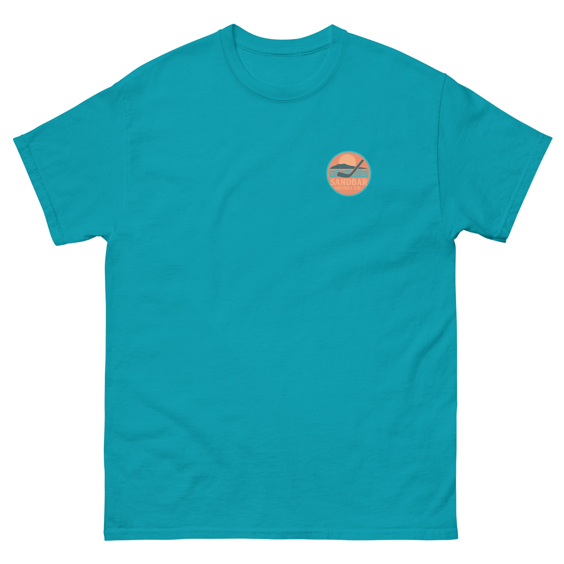 Teal hockey t-shirt front side with small circular Sandbar Hockey chest logo
