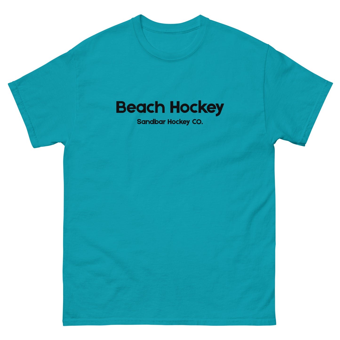Teal beach hockey t-shirt front view with Beach Hockey Sandbar Hockey Co. text on the chest.