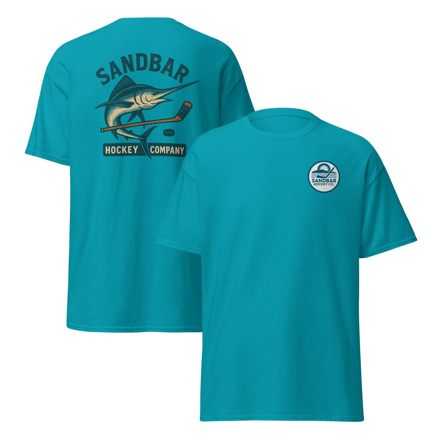 Teal hockey t-shirt front and back combo view with marlin and hockey stick back graphic and small circular Sandbar Hockey Co. chest logo