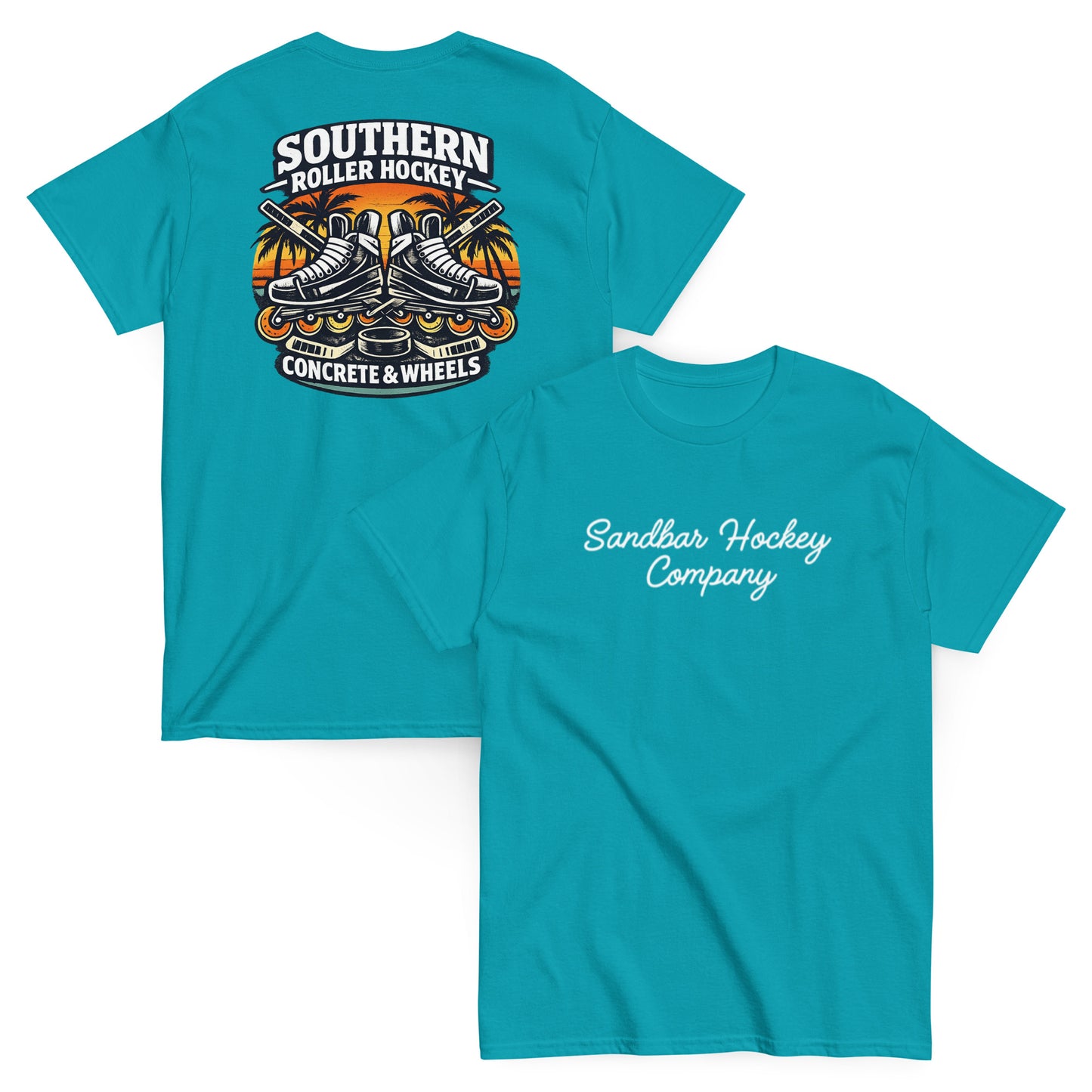 Teal southern roller hockey t-shirt showing back graphic with crossed roller skates, hockey sticks, puck, palm trees, and front chest Sandbar Hockey Company script.