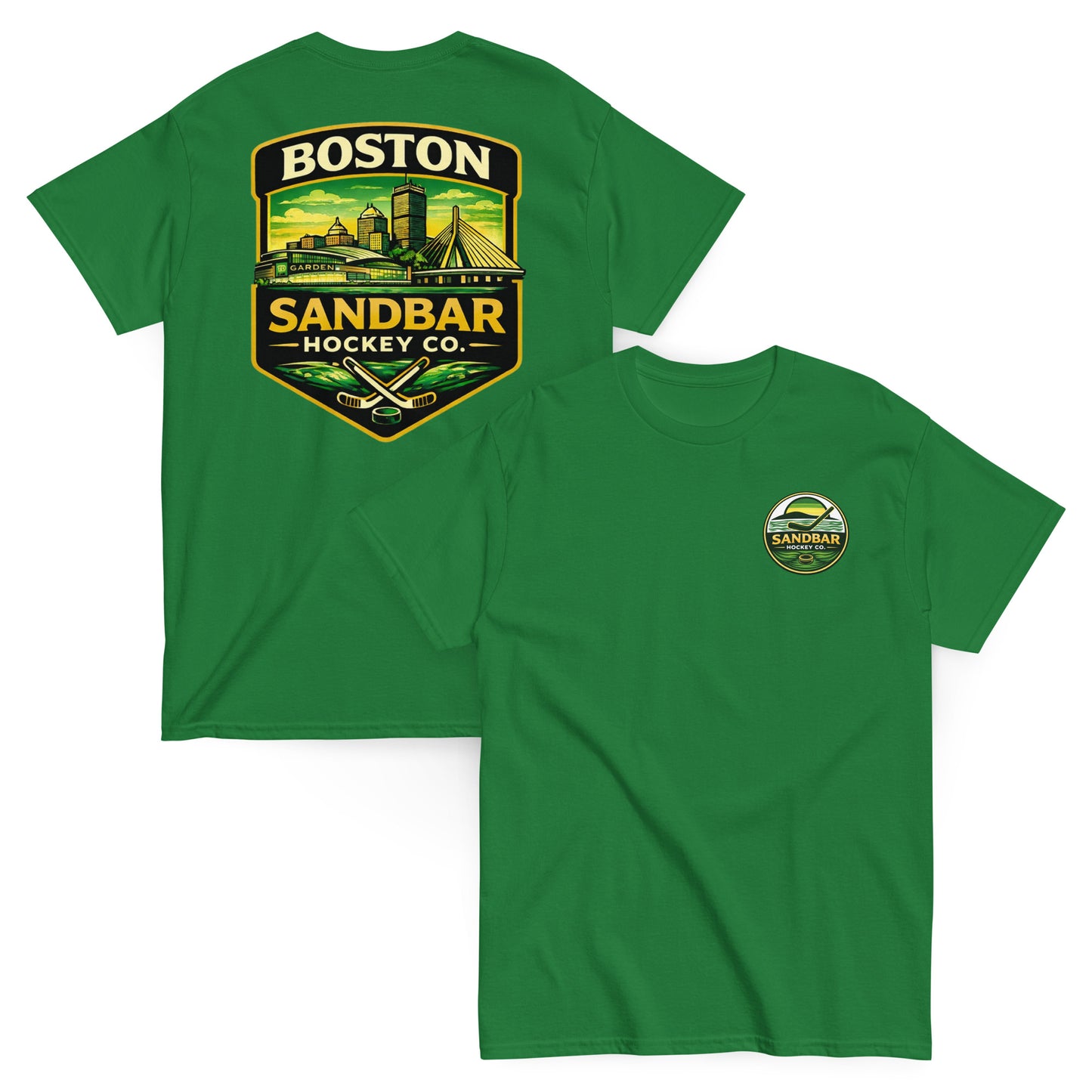 Boston Sandbar Hockey Co. green t-shirt mockup showing the front and back of the shirt, with a small circular Sandbar Hockey Co. logo on the front left chest and a large Boston skyline hockey graphic on the back.