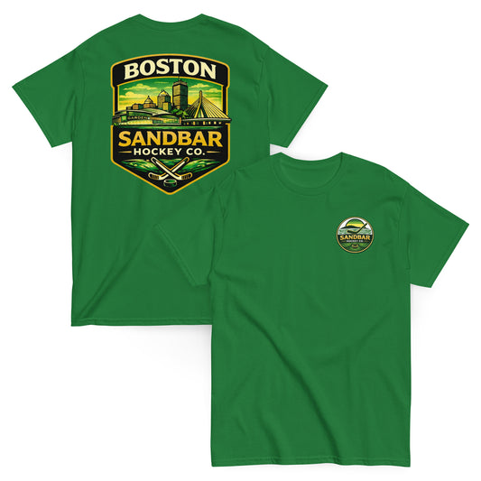 Boston Sandbar Hockey Co. green t-shirt mockup showing the front and back of the shirt, with a small circular Sandbar Hockey Co. logo on the front left chest and a large Boston skyline hockey graphic on the back.