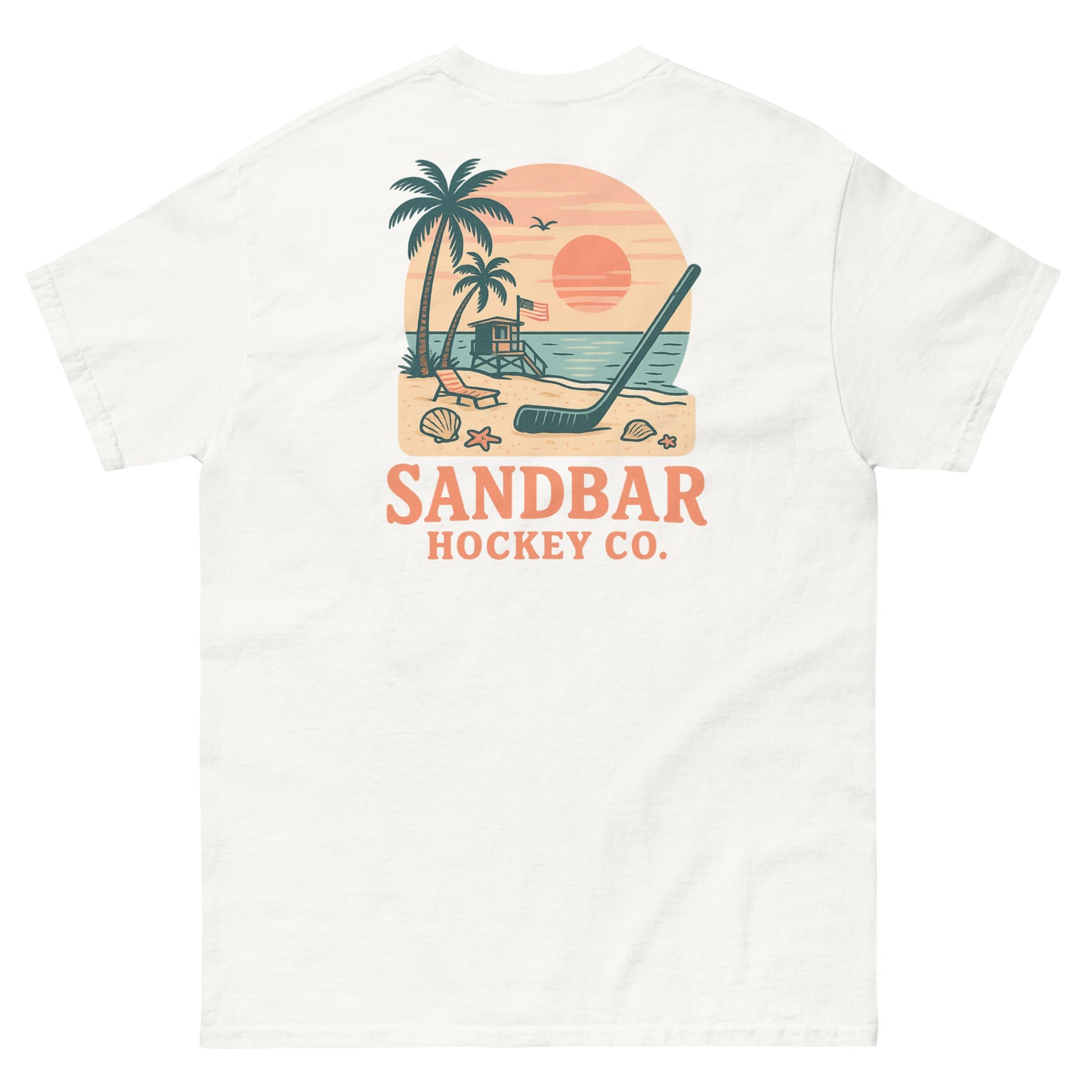 White hockey t-shirt back side with beach sunset lifeguard stand graphic and Sandbar Hockey Co. logo