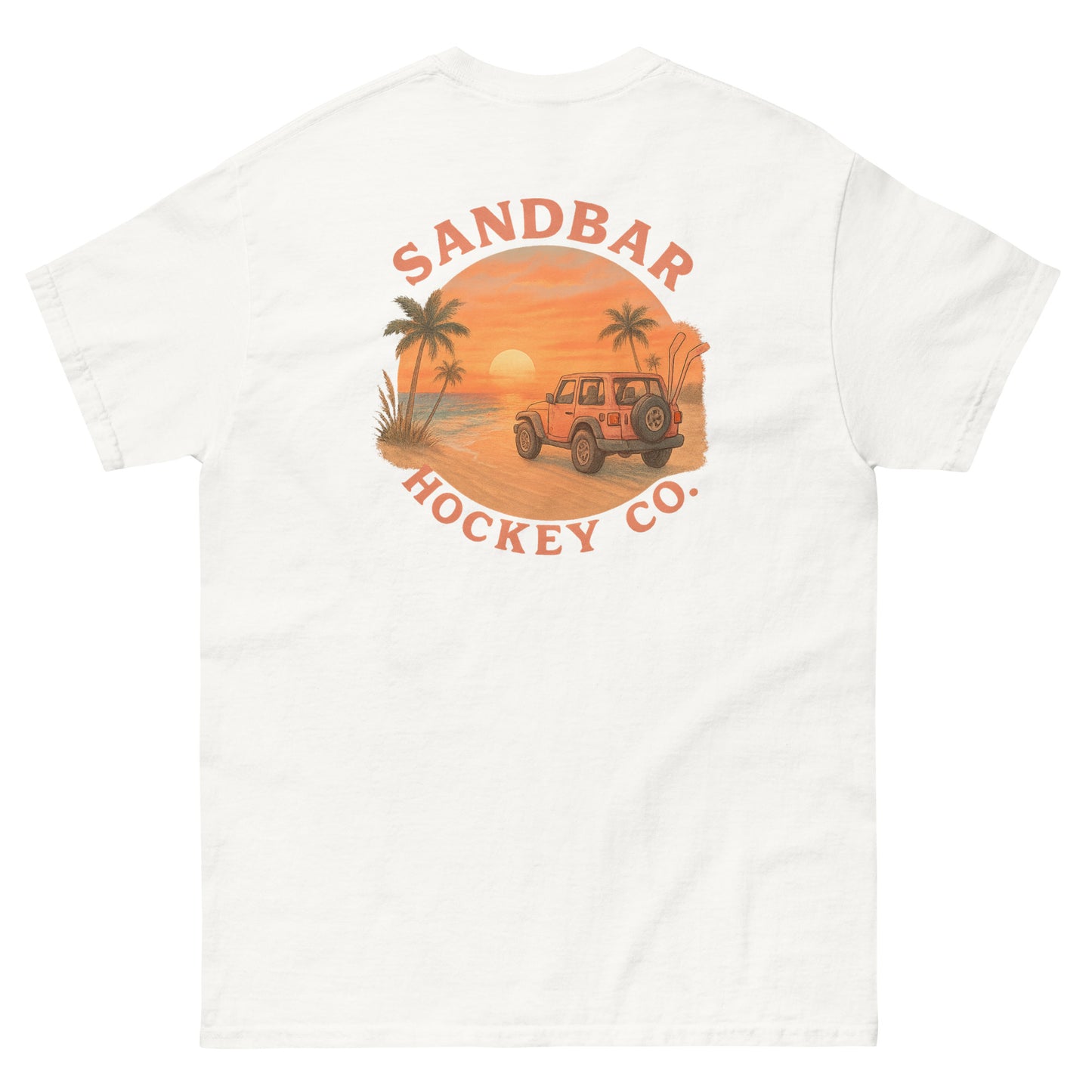 White hockey t-shirt back side with beach sunset jeep graphic and Sandbar Hockey Co. logo