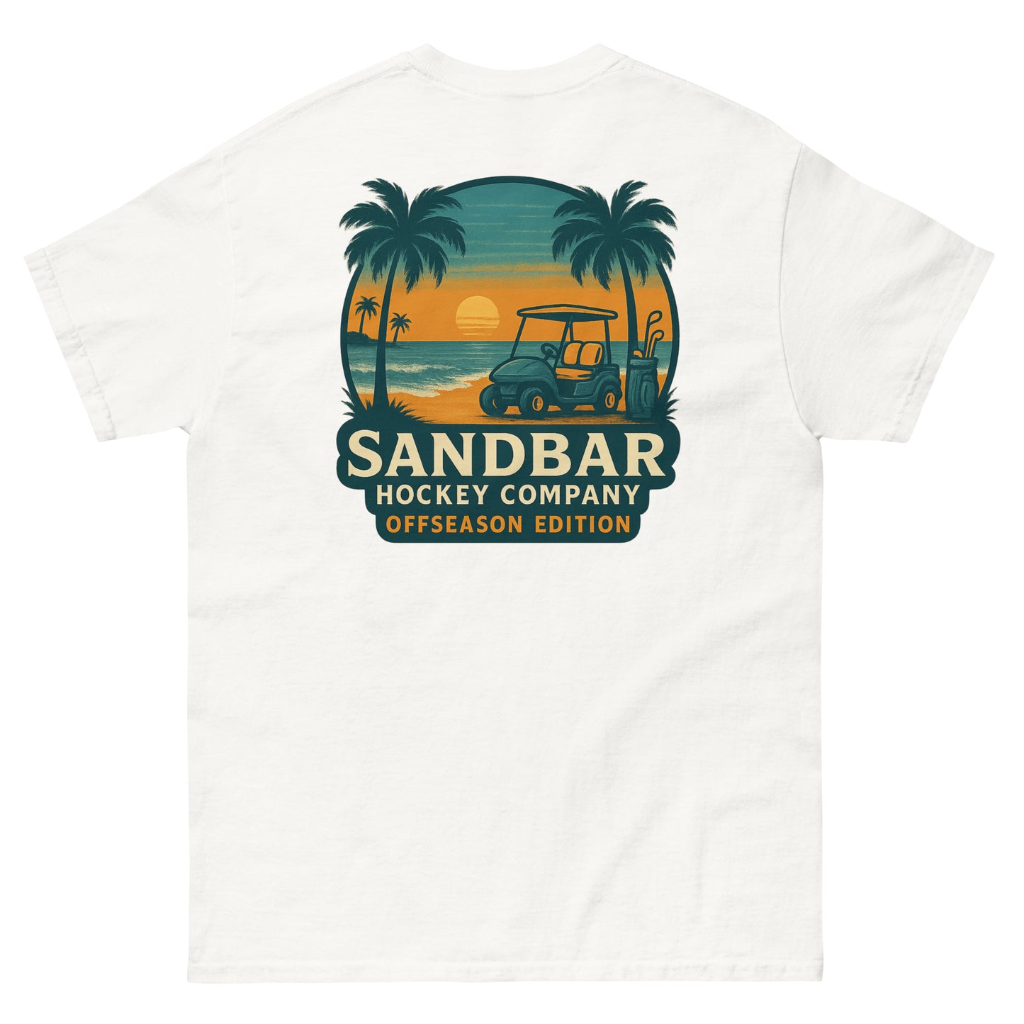 White T-shirt with a large back graphic of a beach sunset scene featuring palm trees, ocean waves, a golf cart, hockey sticks, and the text “Sandbar Hockey Company Offseason Edition.”