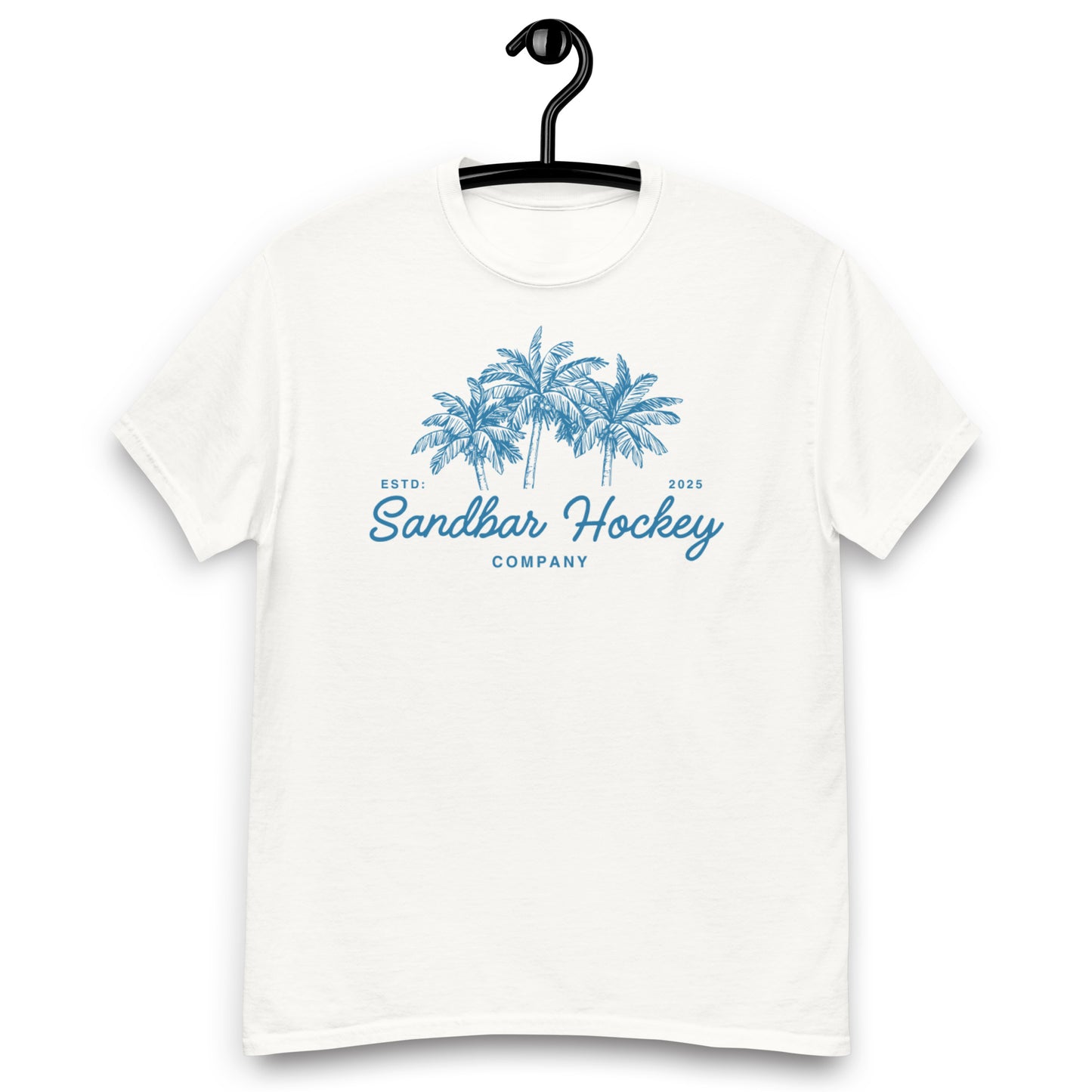 White hockey t-shirt front side with blue palm tree graphic and Sandbar Hockey Company cursive logo