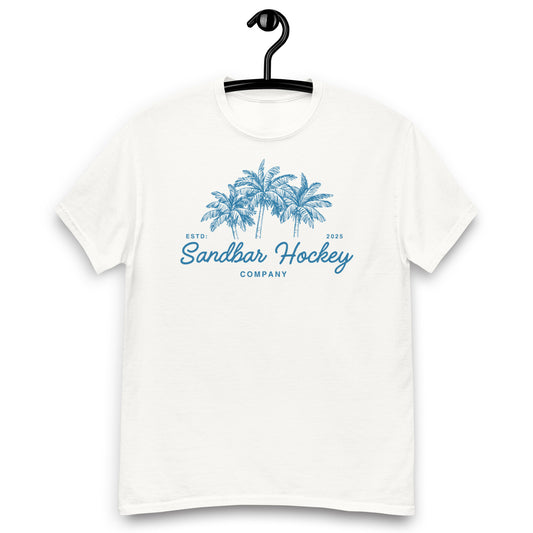 White hockey t-shirt front side with blue palm tree graphic and Sandbar Hockey Company cursive logo
