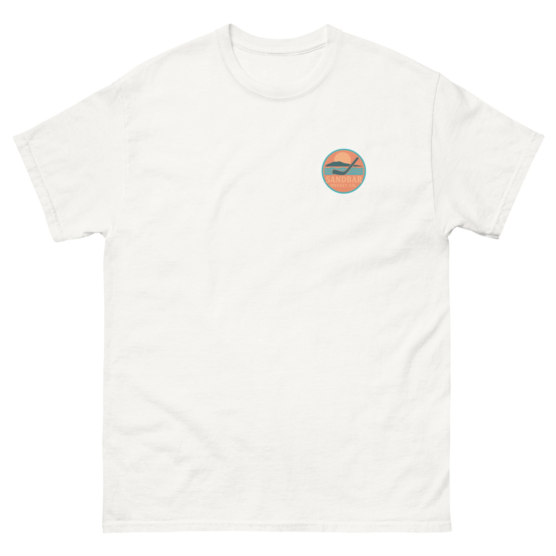 White hockey t-shirt front side with small circular Sandbar Hockey chest logo