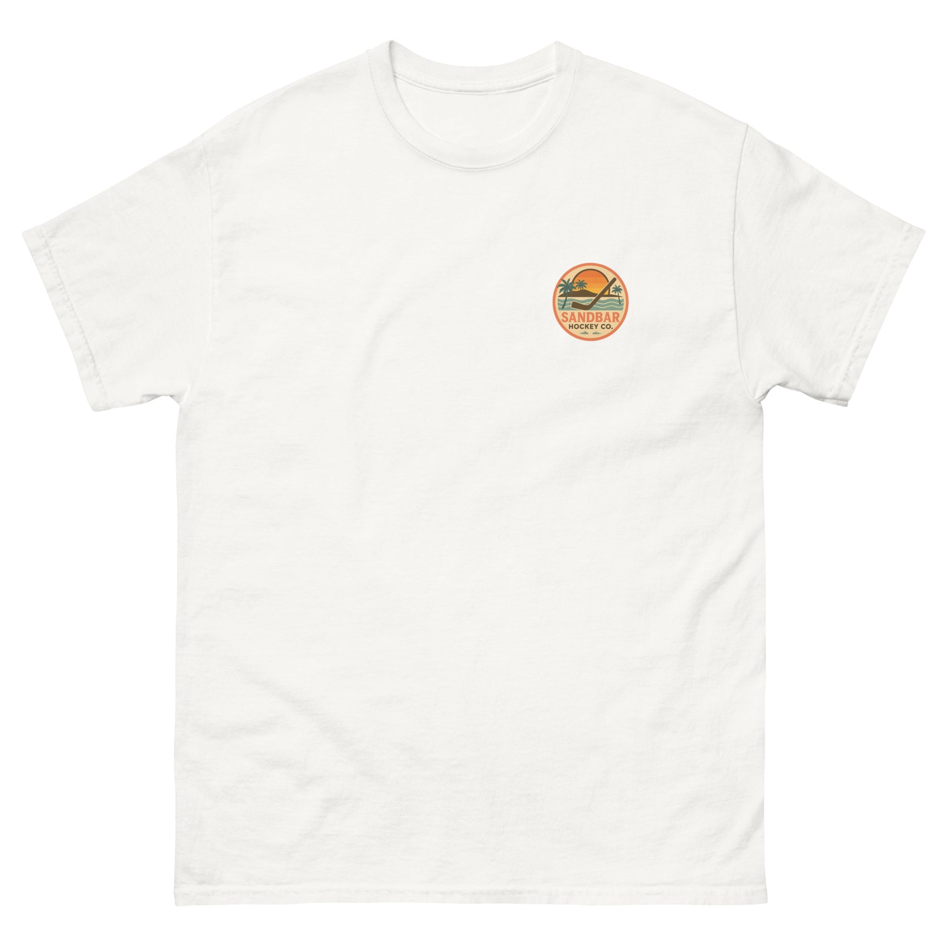 White hockey t-shirt front side with small circular Sandbar Hockey Co. sunset, palm tree, ocean wave, and hockey stick chest logo