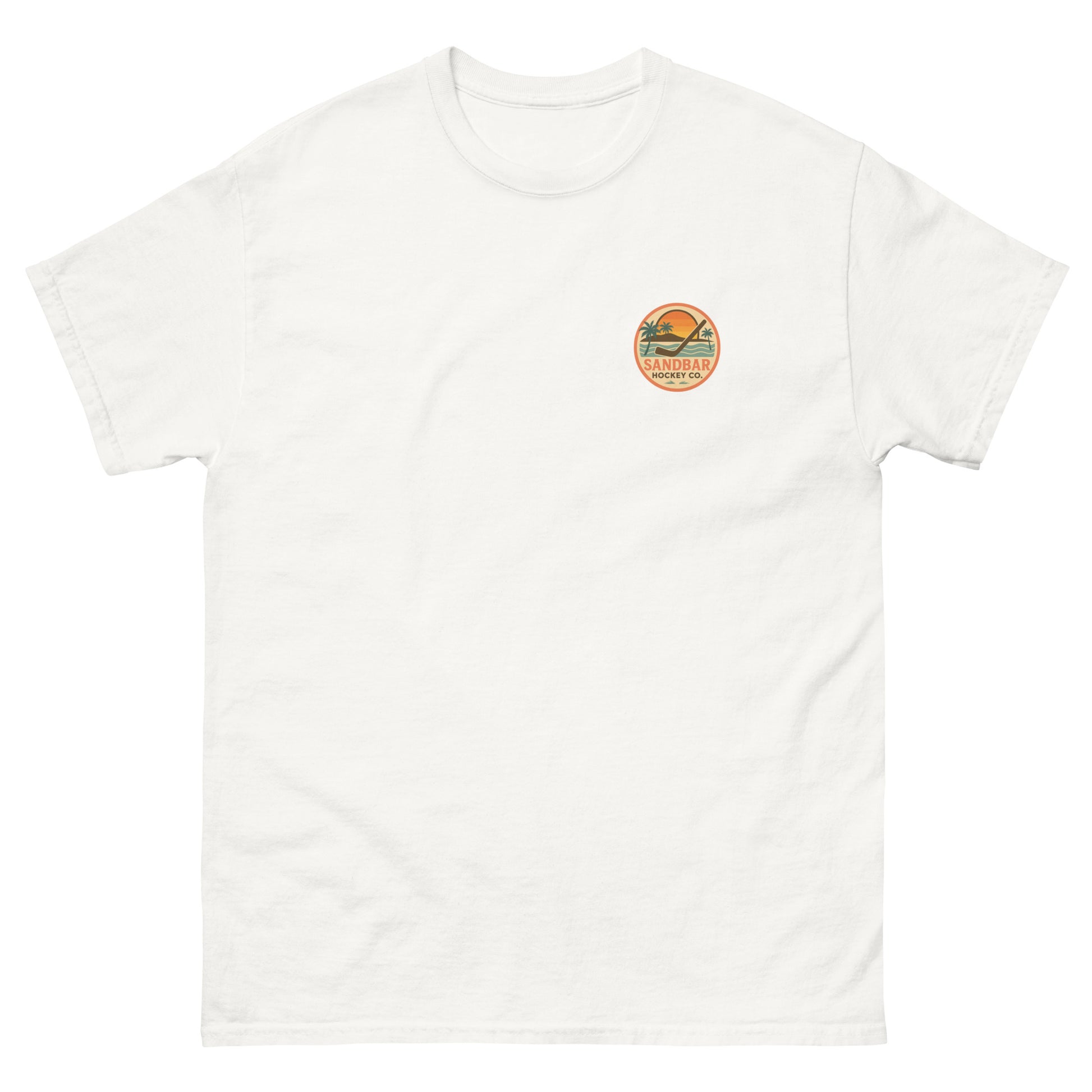White hockey t-shirt front side with small circular Sandbar Hockey Co. sunset, palm tree, ocean wave, and hockey stick chest logo