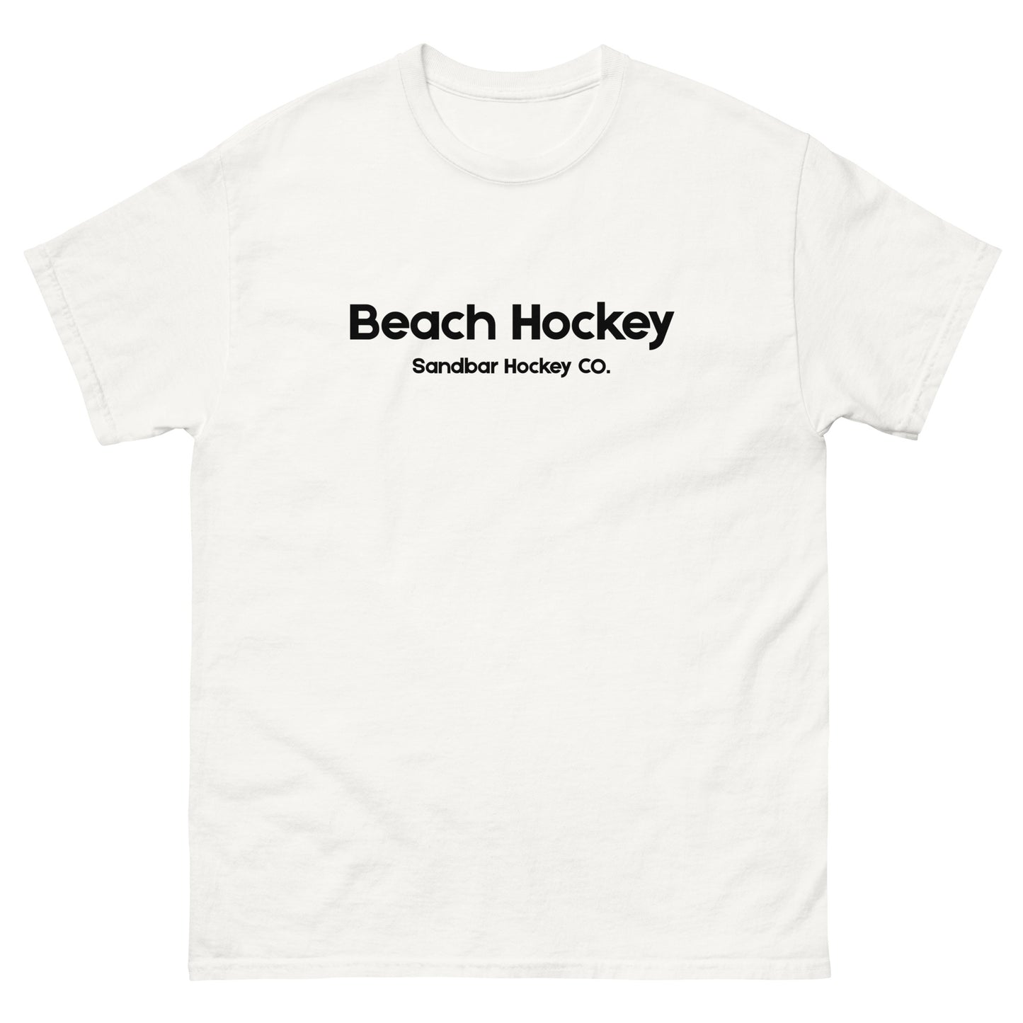 White beach hockey t-shirt front view with Beach Hockey Sandbar Hockey Co. text on the chest.