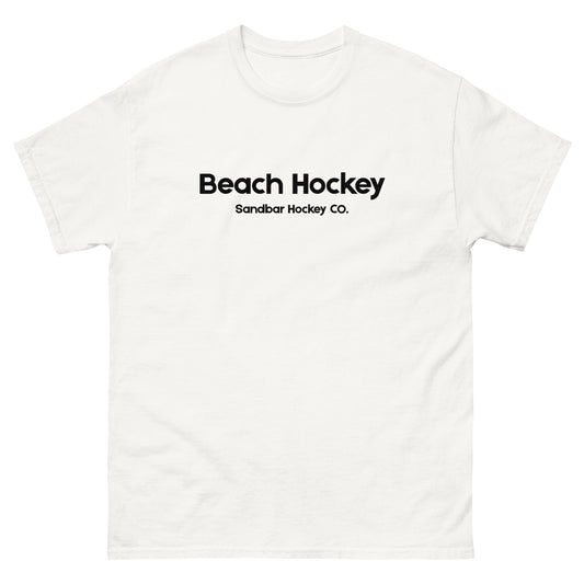 White beach hockey t-shirt front view with Beach Hockey Sandbar Hockey Co. text on the chest.
