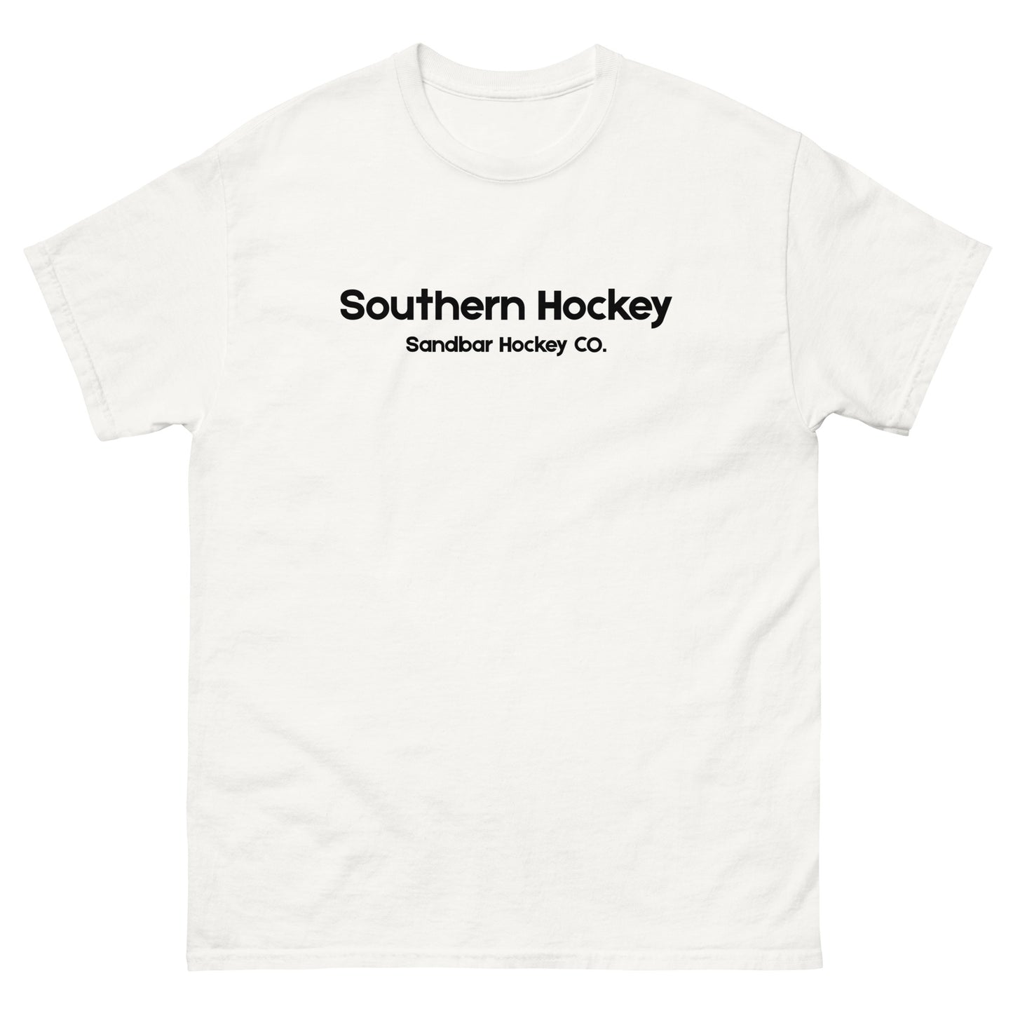 White southern hockey t-shirt front view with Southern Hockey Sandbar Hockey Co. text on the chest.