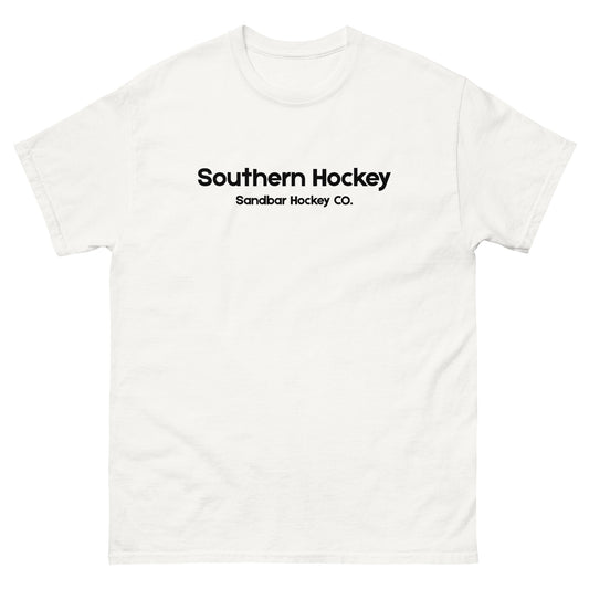 White southern hockey t-shirt front view with Southern Hockey Sandbar Hockey Co. text on the chest.