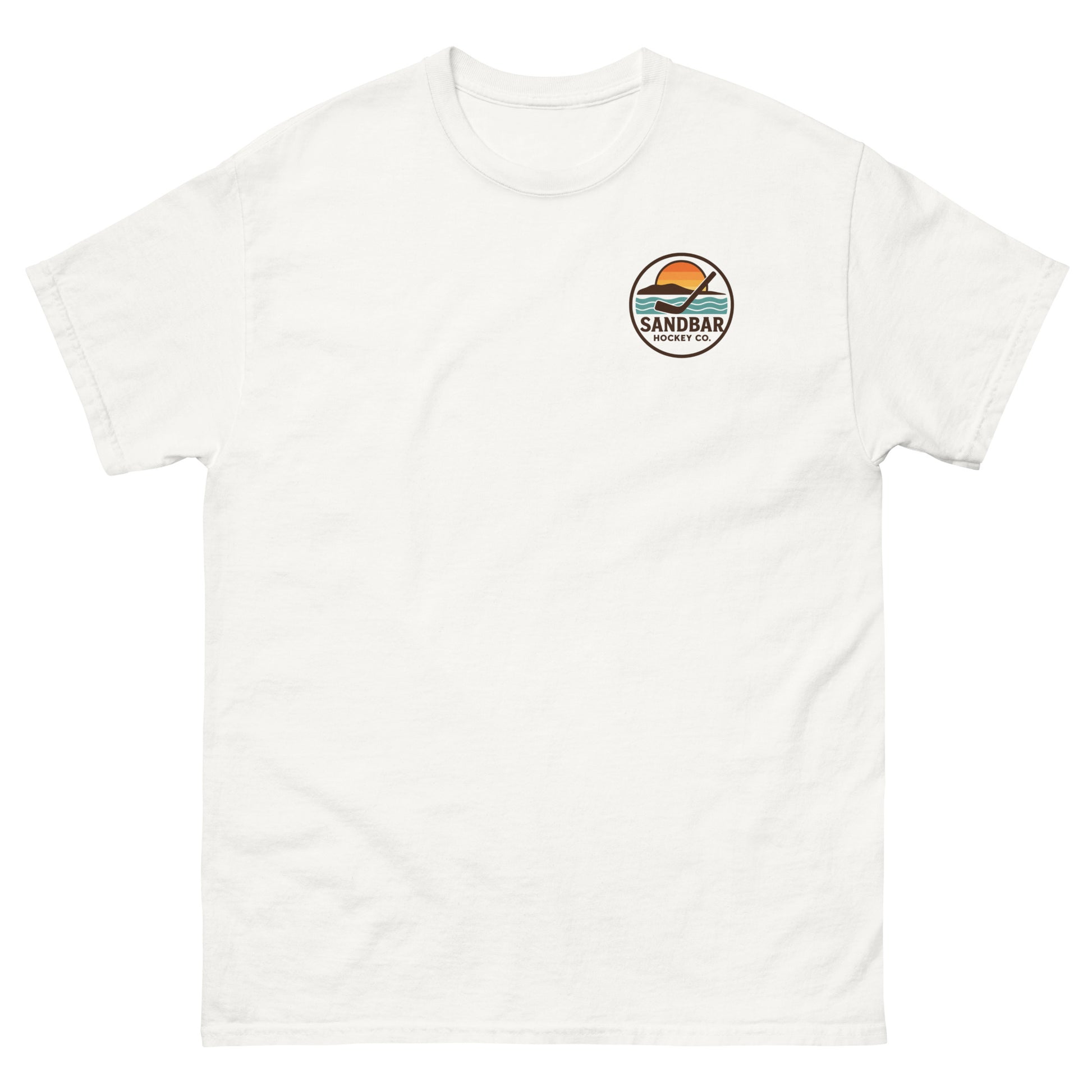 White hockey t-shirt with small front chest logo featuring a circular Sandbar Hockey Co. sunset-and-stick emblem.