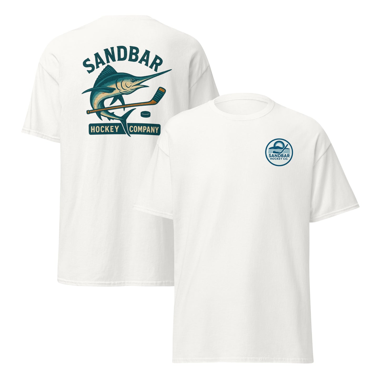 White hockey t-shirt front and back combo view with marlin and hockey stick back graphic and small circular Sandbar Hockey Co. chest logo