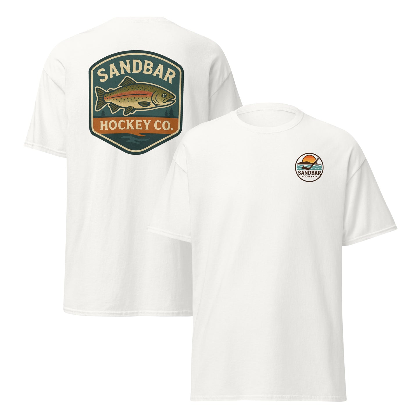 White hockey t-shirt front and back combo view with trout badge back graphic and small circular Sandbar Hockey Co. sunset, water, island, and hockey stick chest logo
