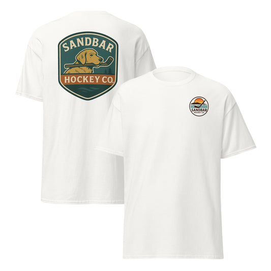 White Sandbar Hockey Dog Badge T-Shirt front and back mockup with large shield-style back graphic of a dog holding a hockey stick in its mouth and small circular Sandbar Hockey Co. chest logo on front