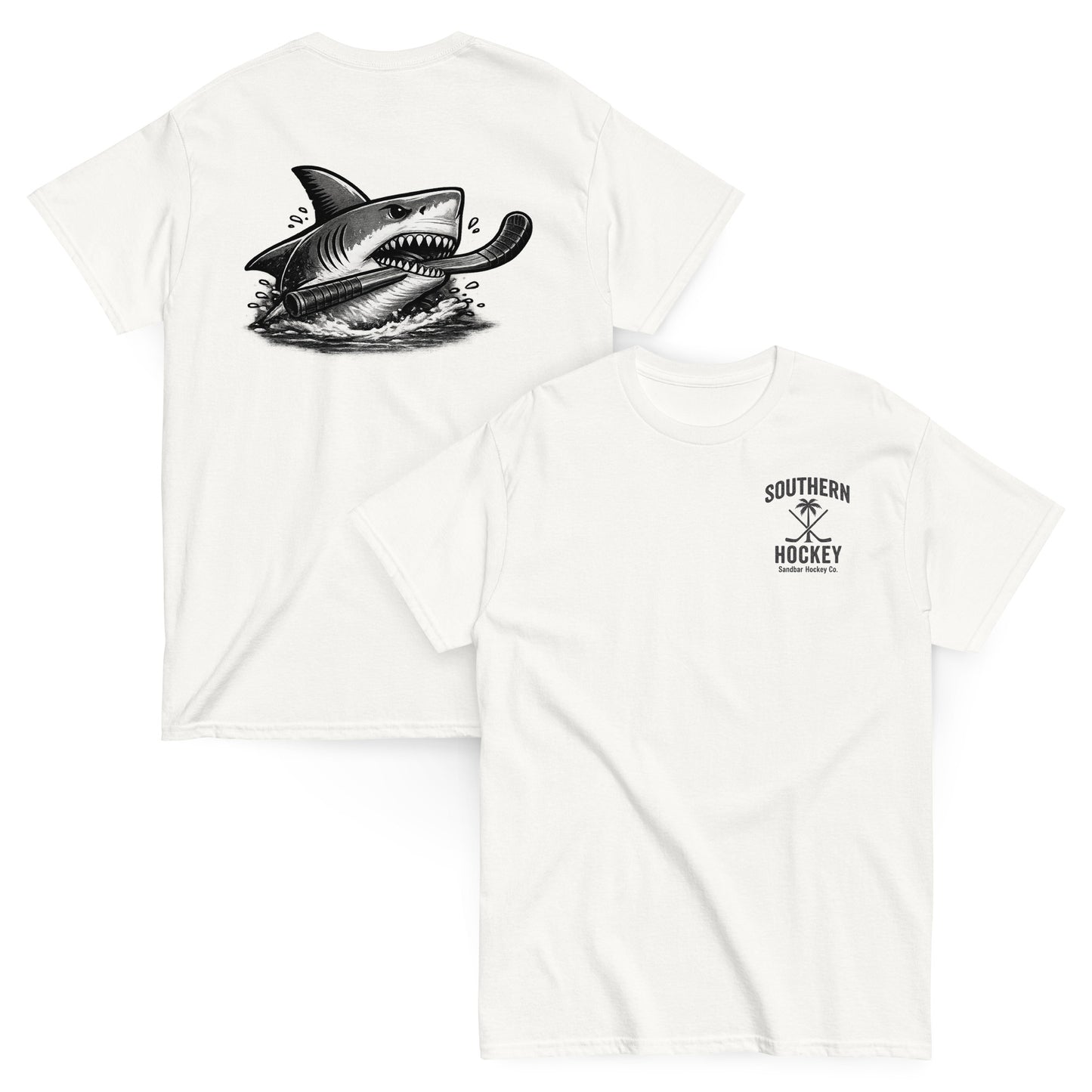 White Southern Hockey Sandbar Hockey Co. T-shirt with black shark hockey graphic on the back and small Southern Hockey chest logo on the front