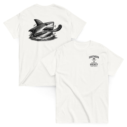 White Southern Hockey Sandbar Hockey Co. T-shirt with black shark hockey graphic on the back and small Southern Hockey chest logo on the front
