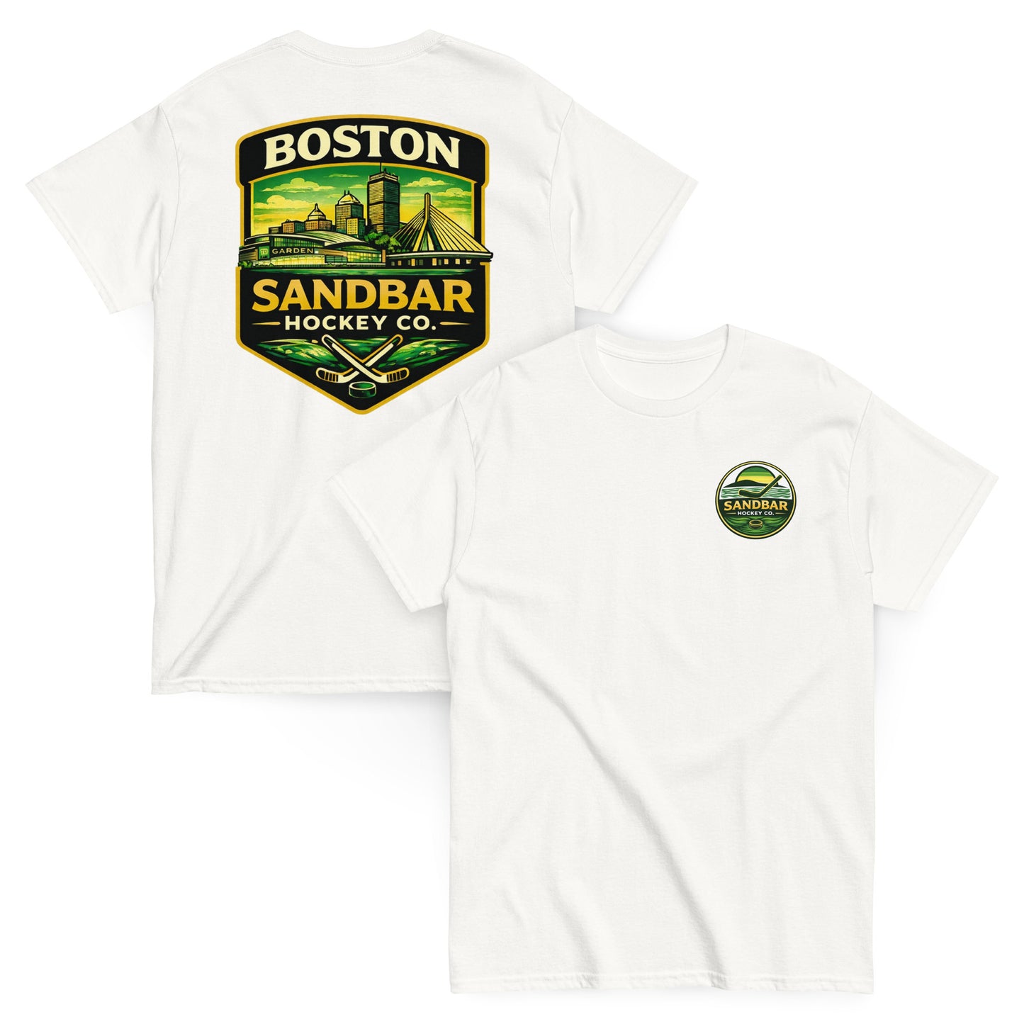 Boston Sandbar Hockey Co. white t-shirt mockup showing the front and back of the shirt, with a small circular Sandbar Hockey Co. logo on the front left chest and a large Boston skyline hockey graphic on the back.