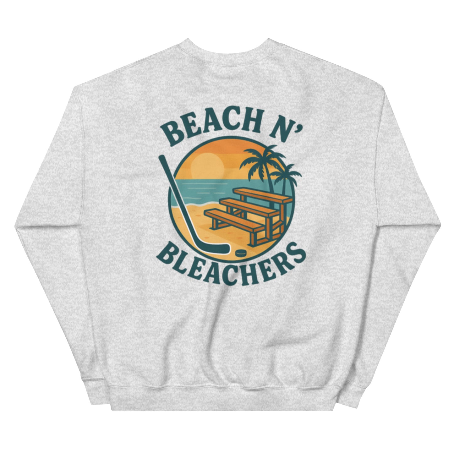 White hockey crewneck sweatshirt back side with Beach N' Bleachers beach bleachers graphic
