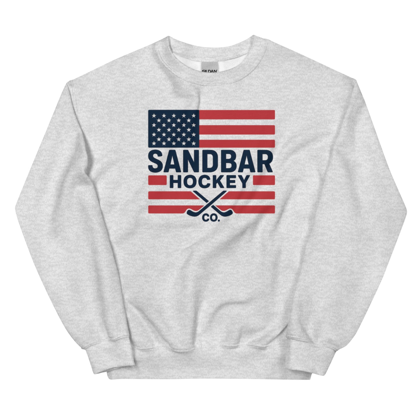 Ash hockey crewneck sweatshirt front side with American flag graphic, crossed hockey sticks, and Sandbar Hockey Co. logo