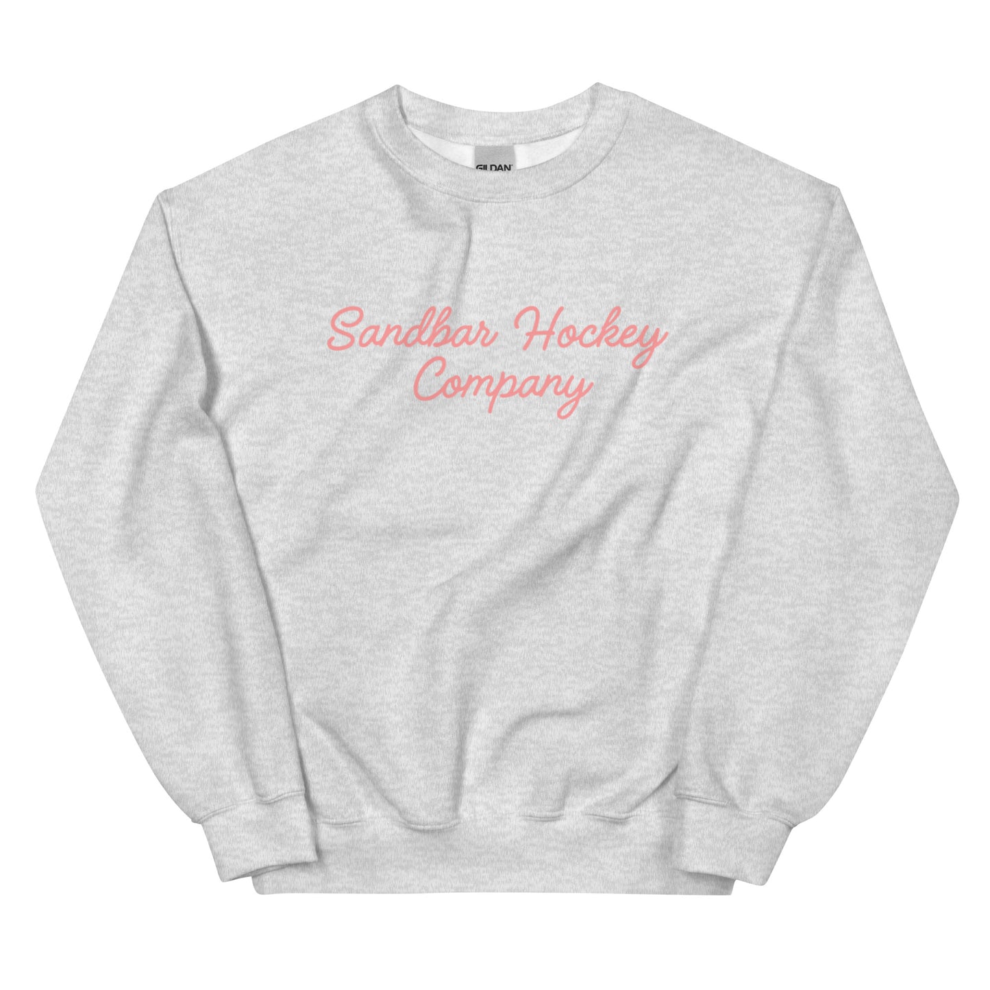 Ash hockey crewneck front side with pink Sandbar Hockey Company cursive logo