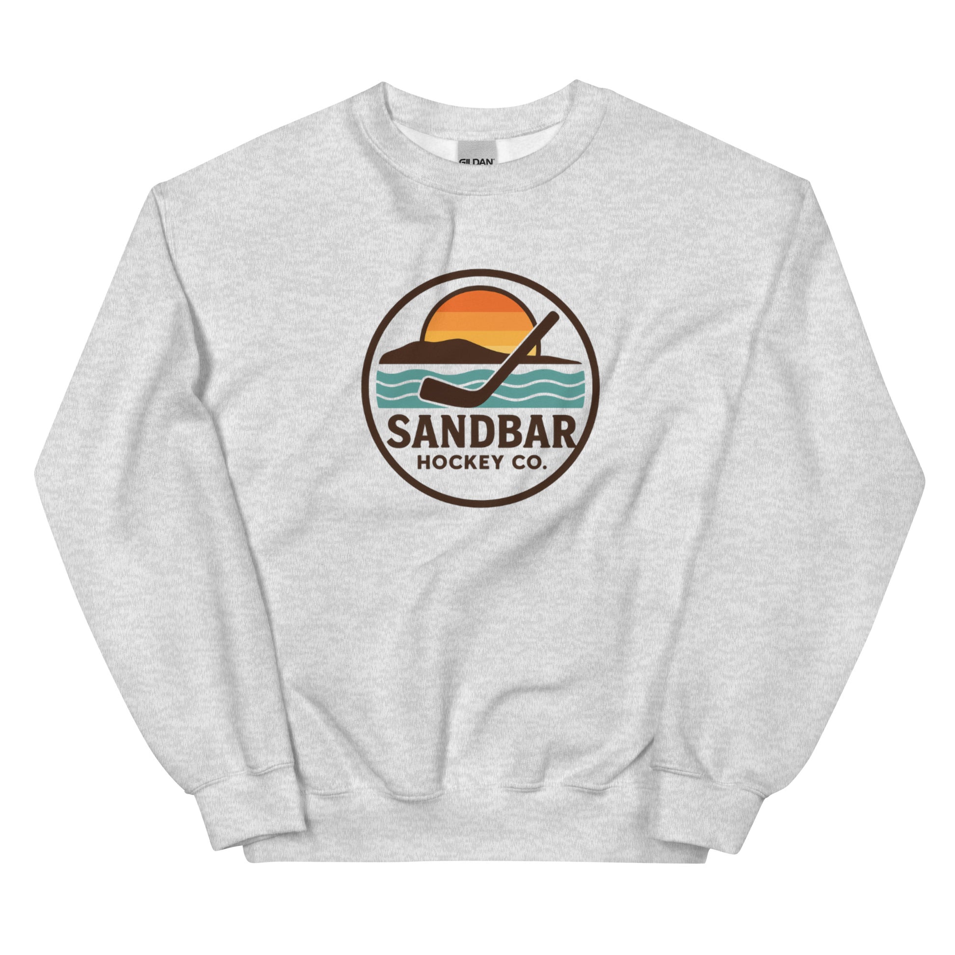 White hockey crewneck sweatshirt front side with circular Sandbar Hockey Co. sunset wave logo