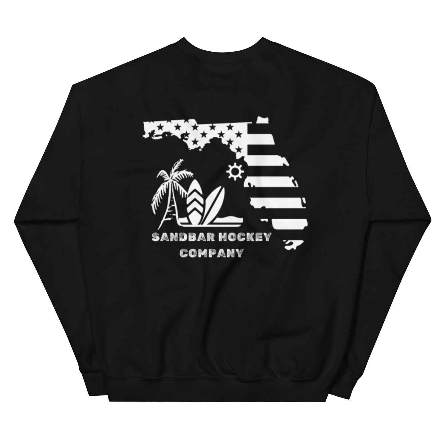 Black hockey crewneck sweatshirt back side with Florida state flag beach graphic and Sandbar Hockey Company logo