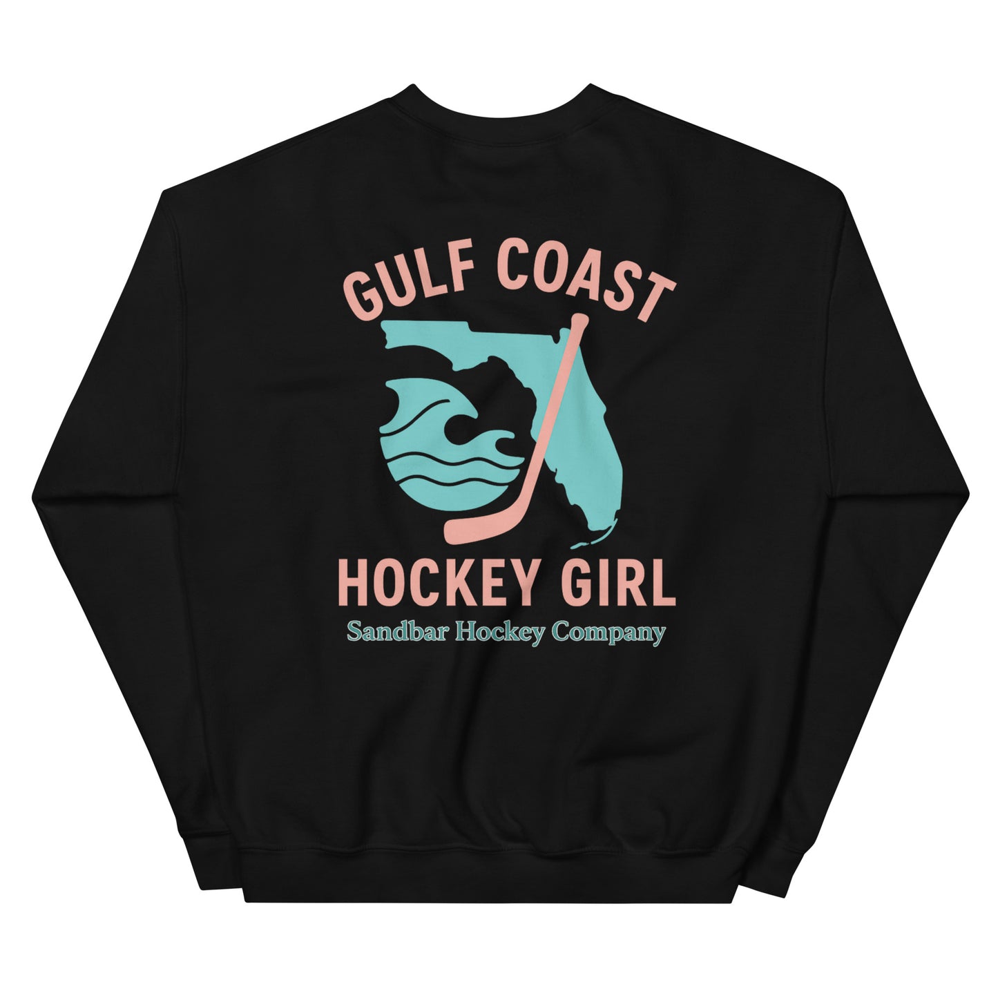 Black hockey crewneck sweatshirt back side with Gulf Coast Hockey Girl Florida graphic and Sandbar Hockey Company logo