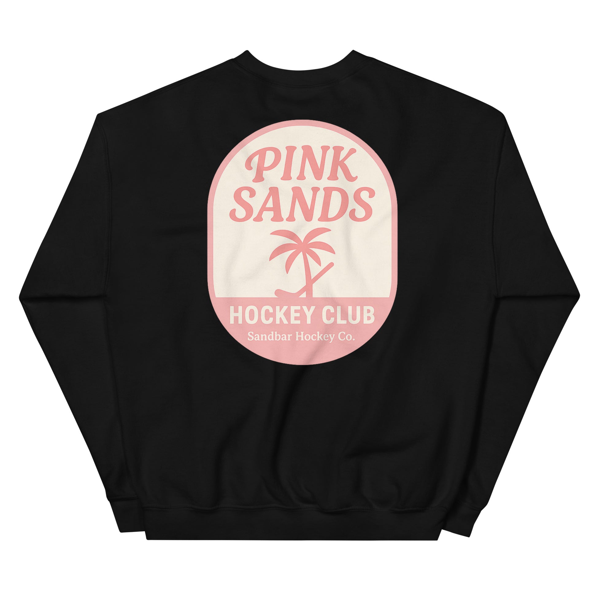 Black hockey crewneck back side with Pink Sands Hockey Club graphic and Sandbar Hockey Co. logo