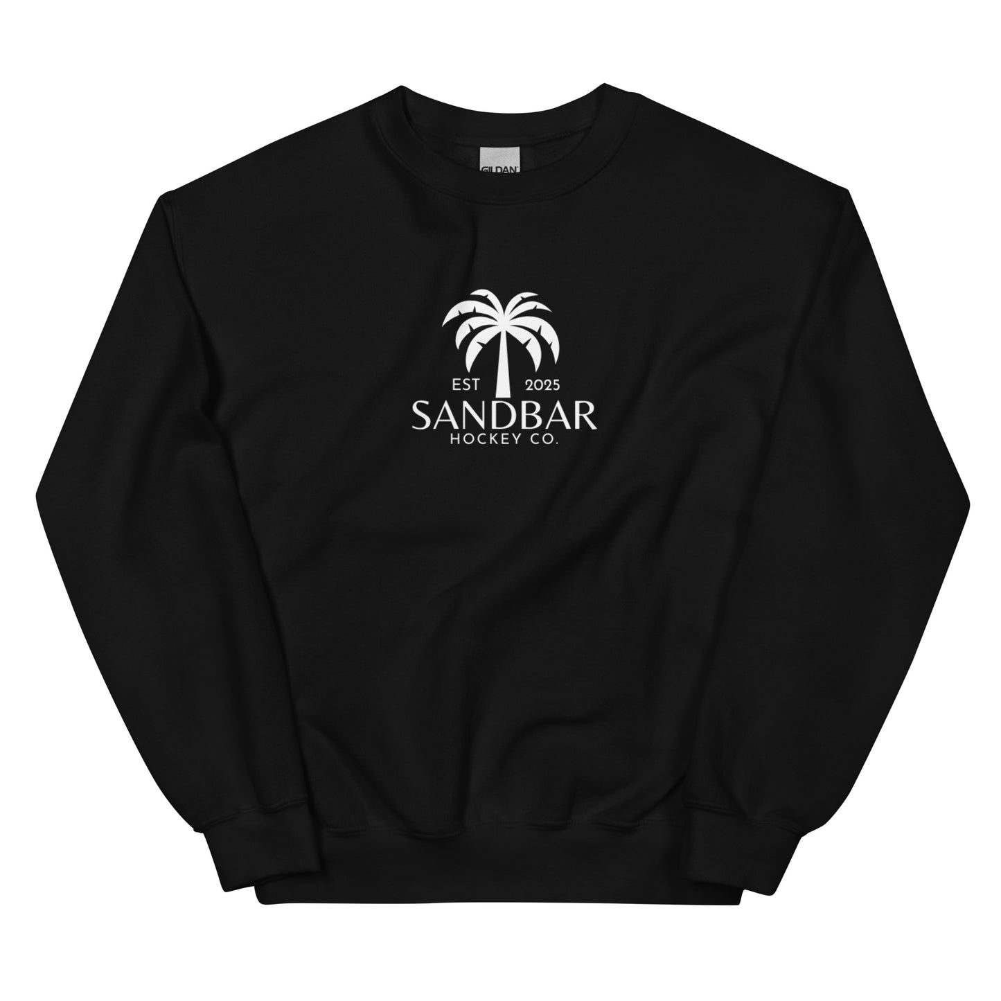 Black hockey crewneck sweatshirt front side with small palm tree Sandbar Hockey Co. chest logo