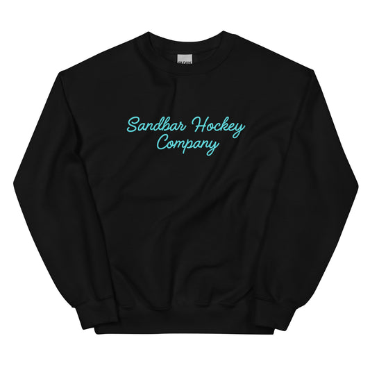 Black hockey crewneck sweatshirt front side with turquoise Sandbar Hockey Company cursive logo