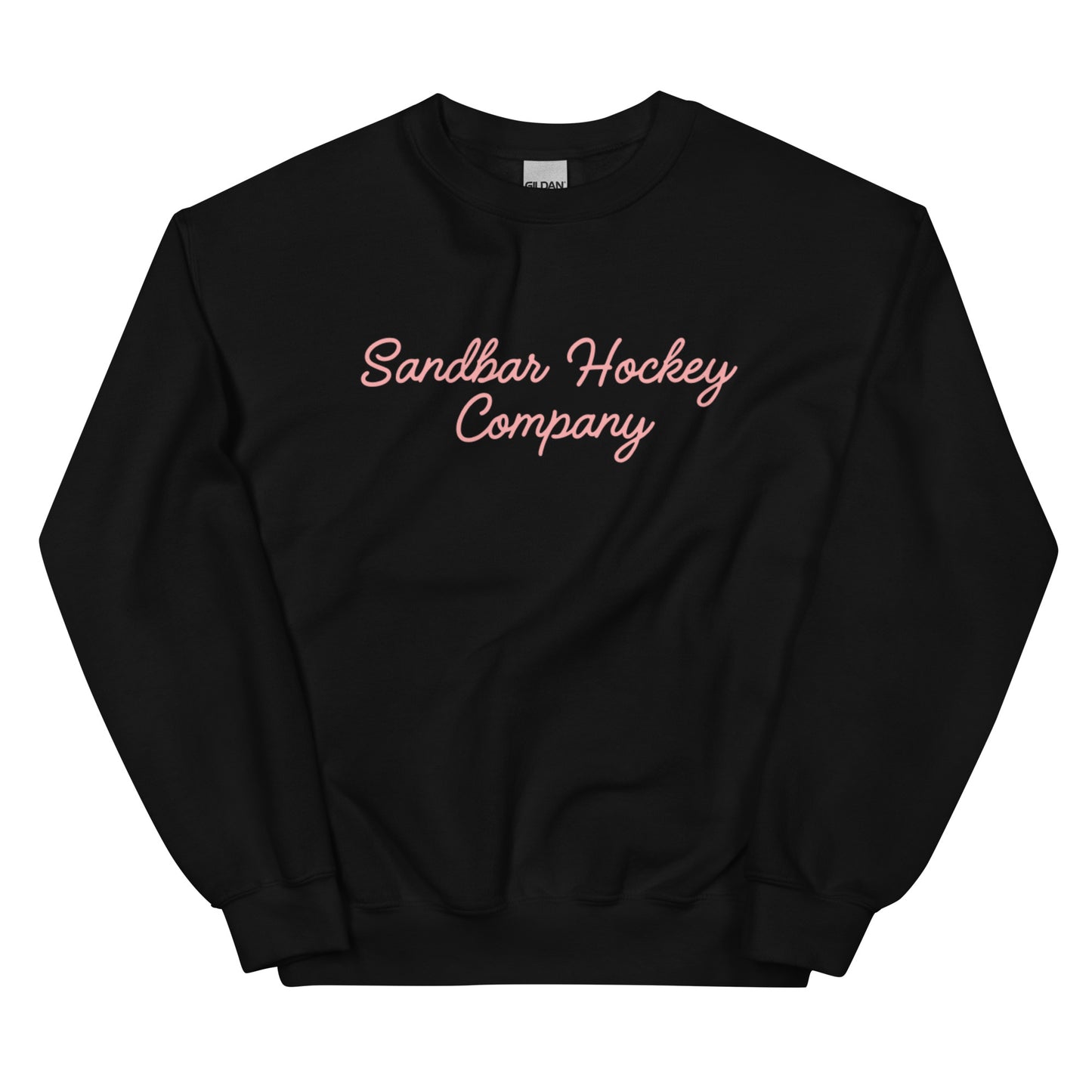 Black hockey crewneck front side with pink Sandbar Hockey Company cursive logo