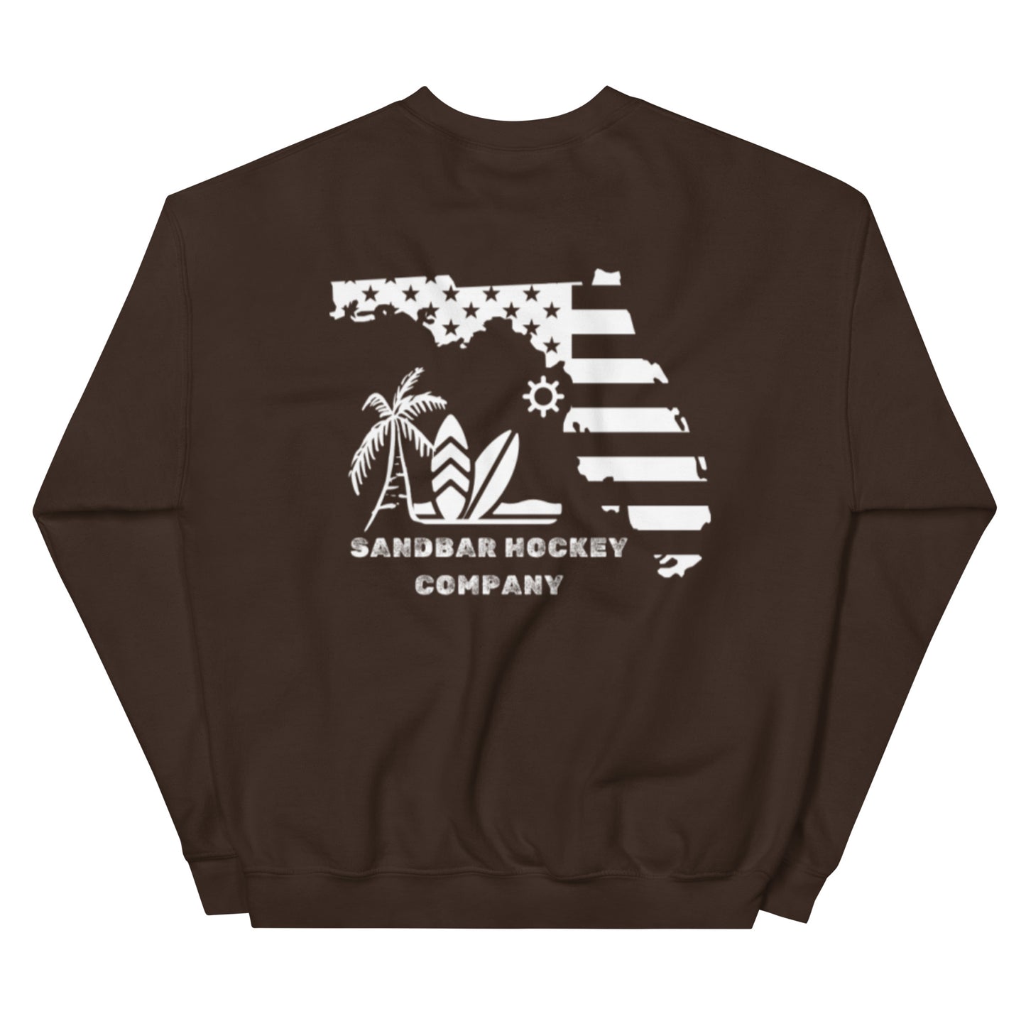 Dark charcoal hockey crewneck sweatshirt back side with Florida state flag beach graphic and Sandbar Hockey Company logo