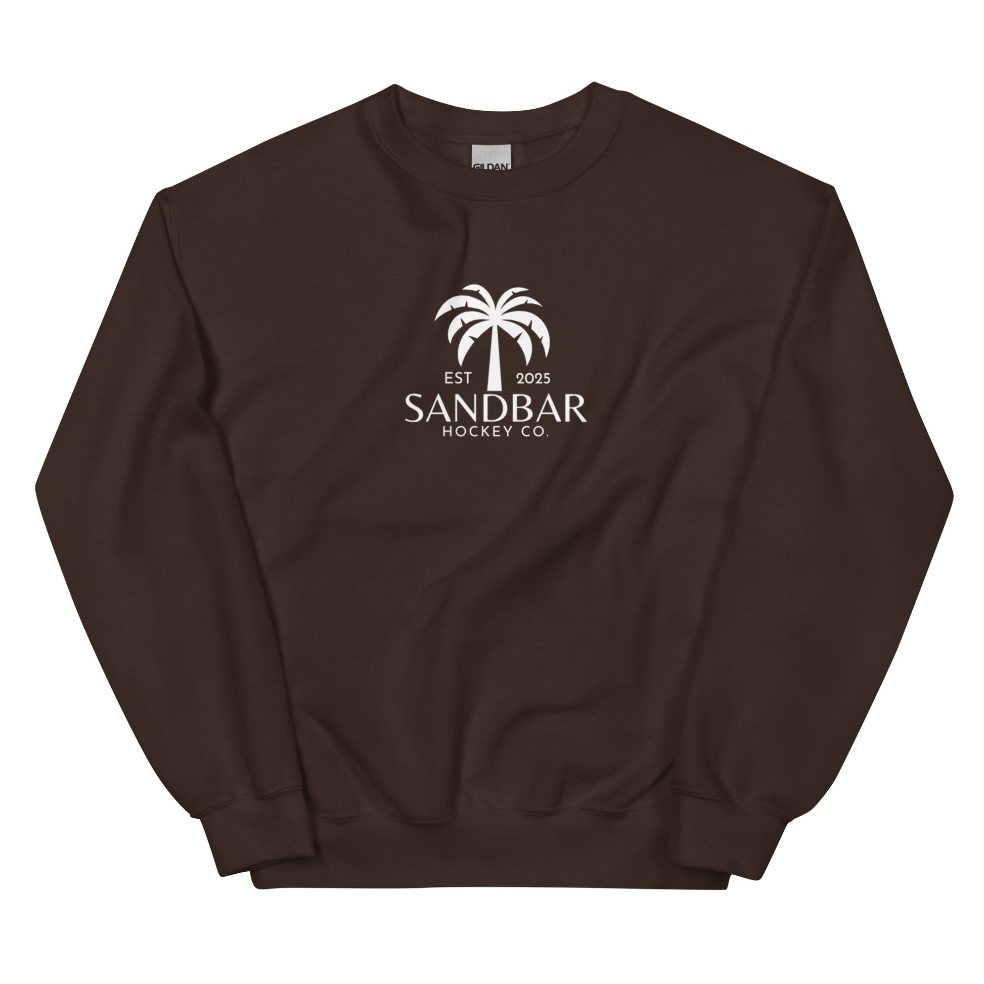 Dark charcoal hockey crewneck sweatshirt front side with small palm tree Sandbar Hockey Co. chest logo